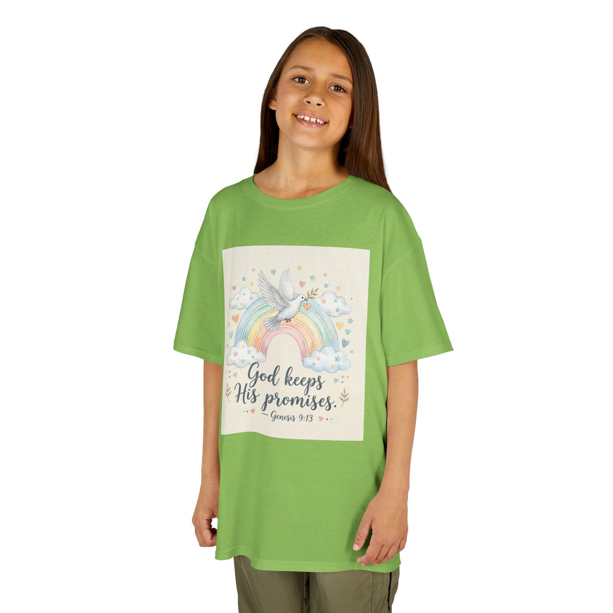 Christian Kids T-Shirt — "God Keeps His Promises" Rainbow Dove Tee | Psalm 145:13