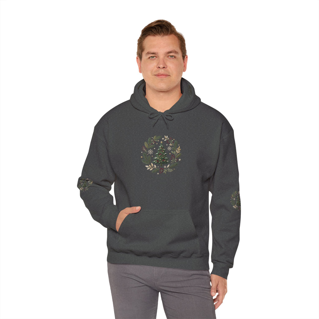 Christmas Tree Wreath Hoodie — Festive Botanical Sweatshirt, 50/50 Cotton-Poly, Unisex