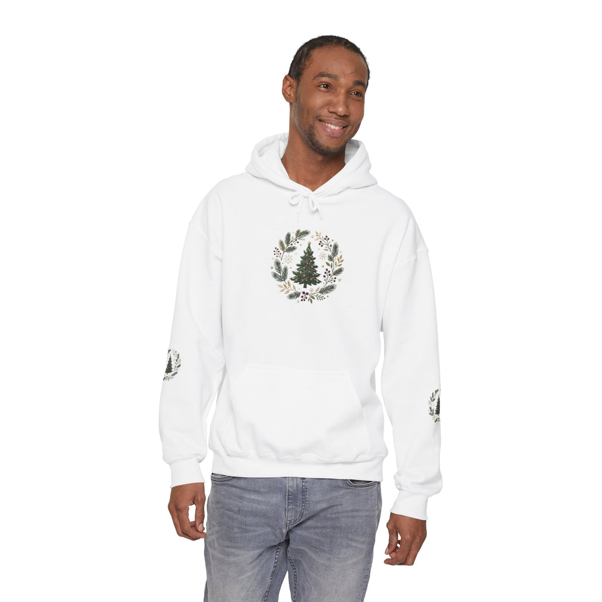 Christmas Tree Wreath Hoodie — Festive Botanical Sweatshirt, 50/50 Cotton-Poly, Unisex