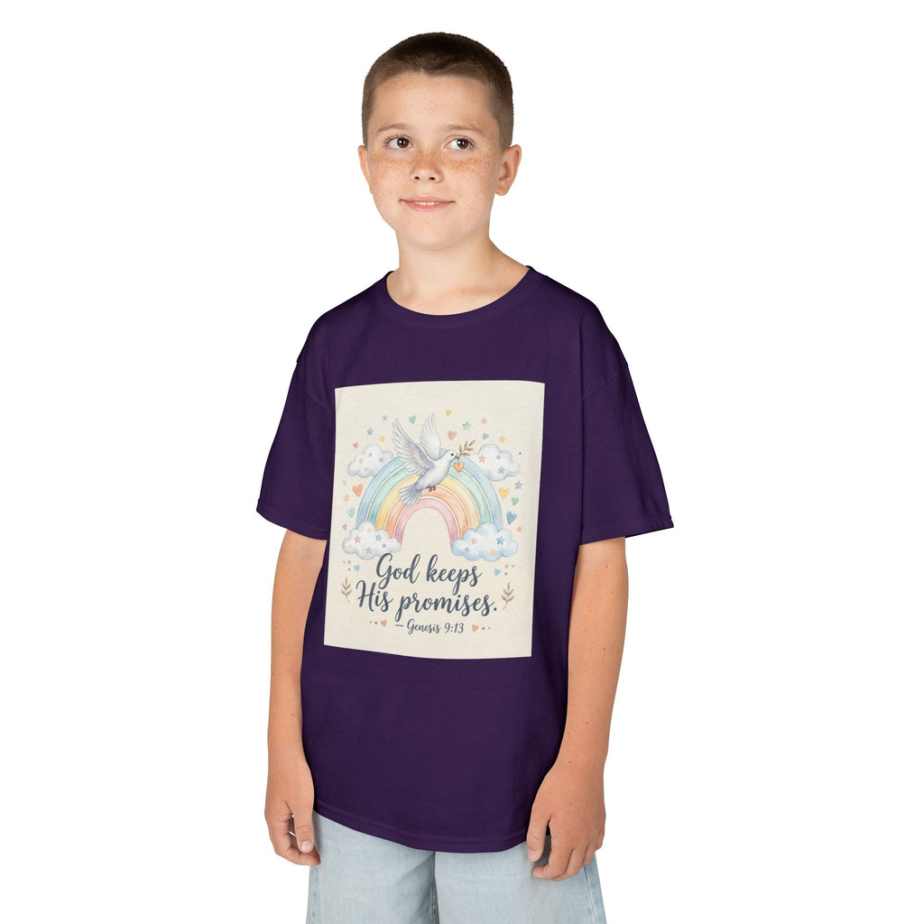 Christian Kids T-Shirt — "God Keeps His Promises" Rainbow Dove Tee | Psalm 145:13