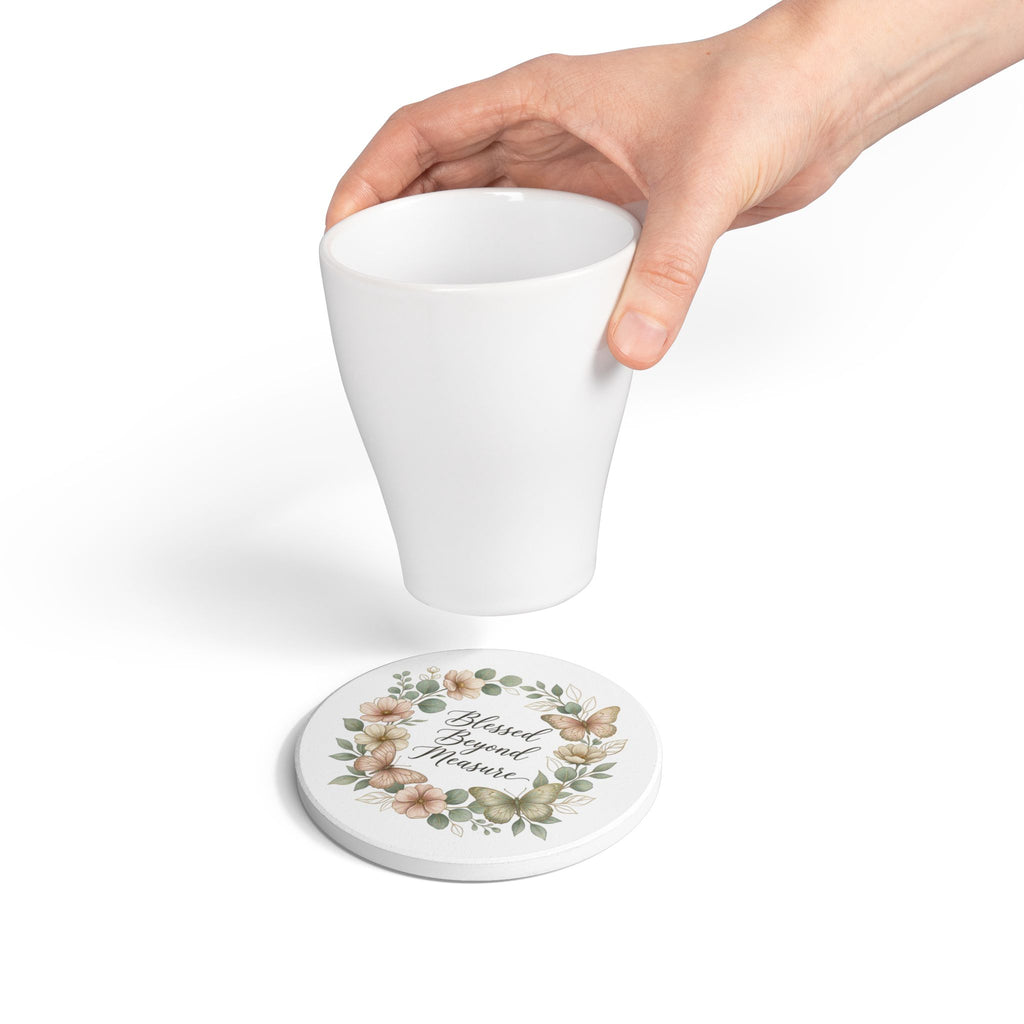 Blessed Beyond Measure Ceramic Coaster — Floral Wreath & Butterflies
