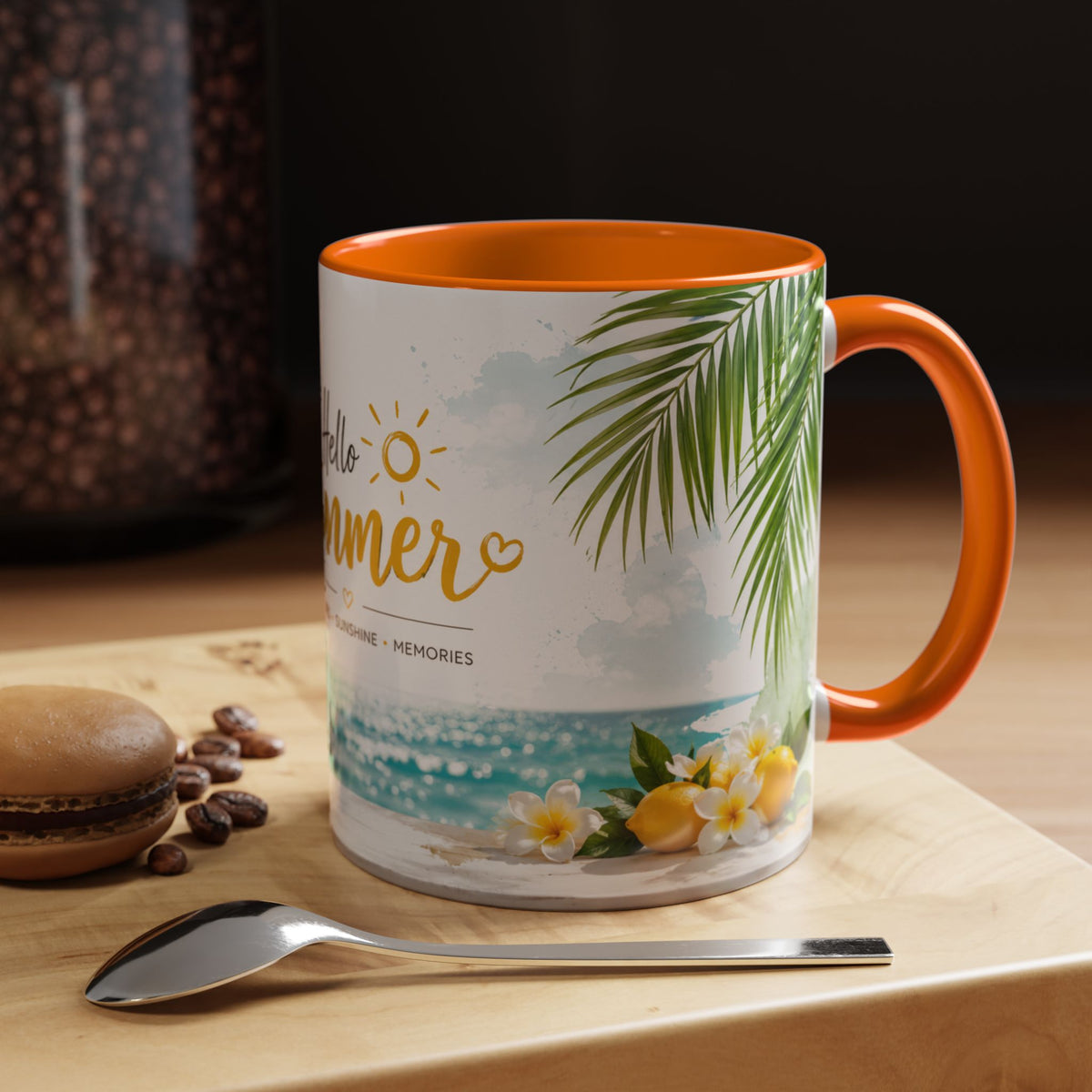 Hello Summer Accent Coffee Mug — Beach Vibes Lemon Palm Coastal Ceramic Mug (11/15oz)