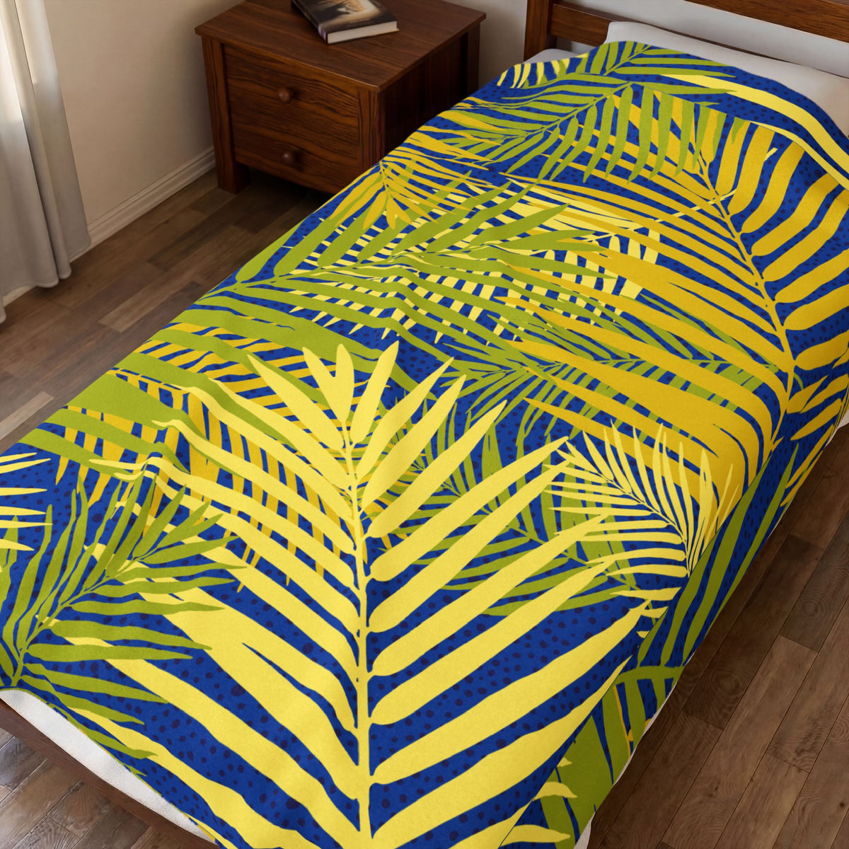 Tropical Palm Velveteen Plush Blanket — Blue & Yellow Leaf Throw