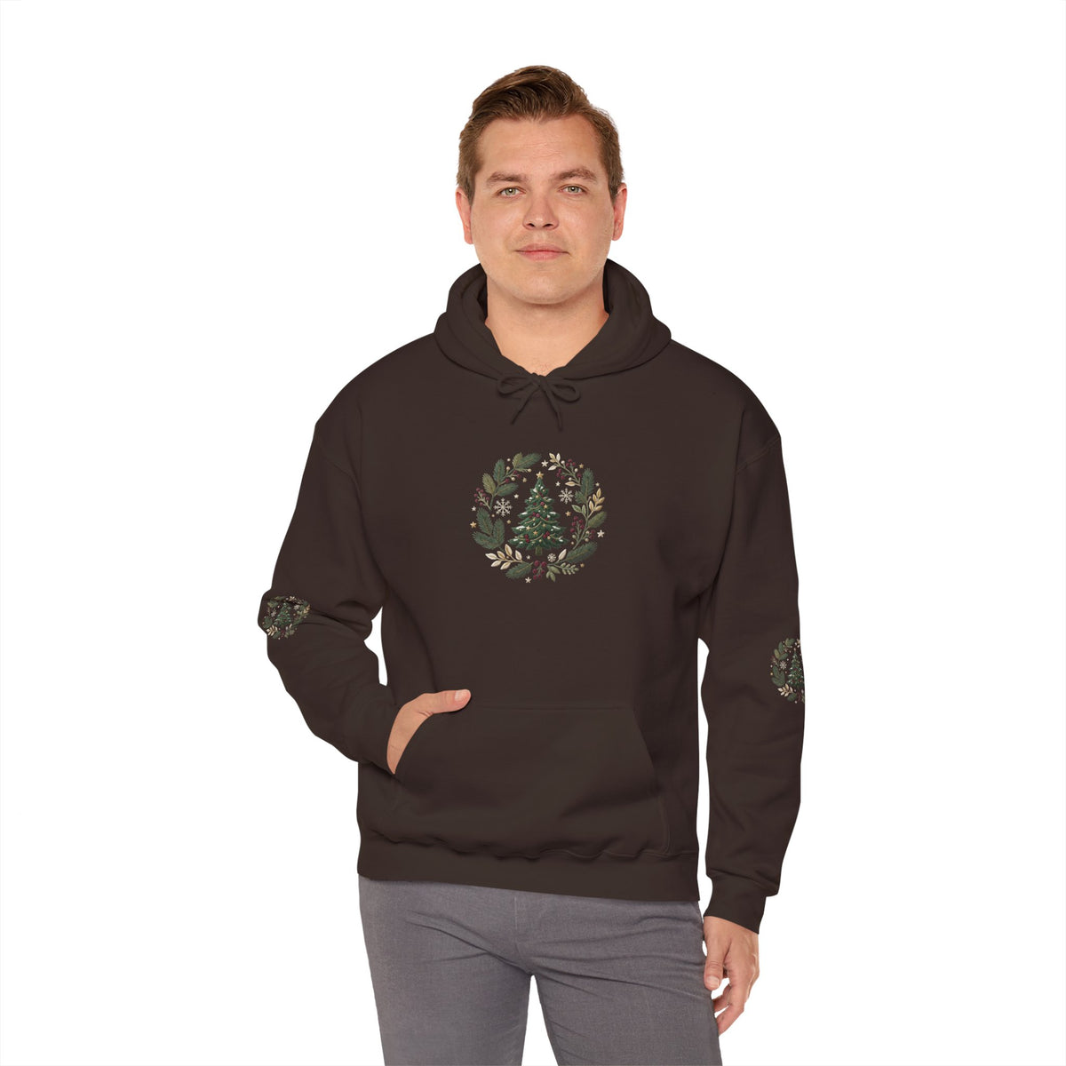 Christmas Tree Wreath Hoodie — Festive Botanical Sweatshirt, 50/50 Cotton-Poly, Unisex