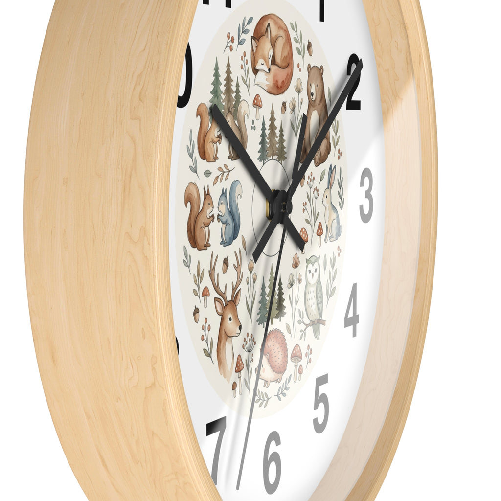 Woodland Animals Wall Clock — Cute Forest Nursery Clock with Fox, Deer, Owl & Squirrel