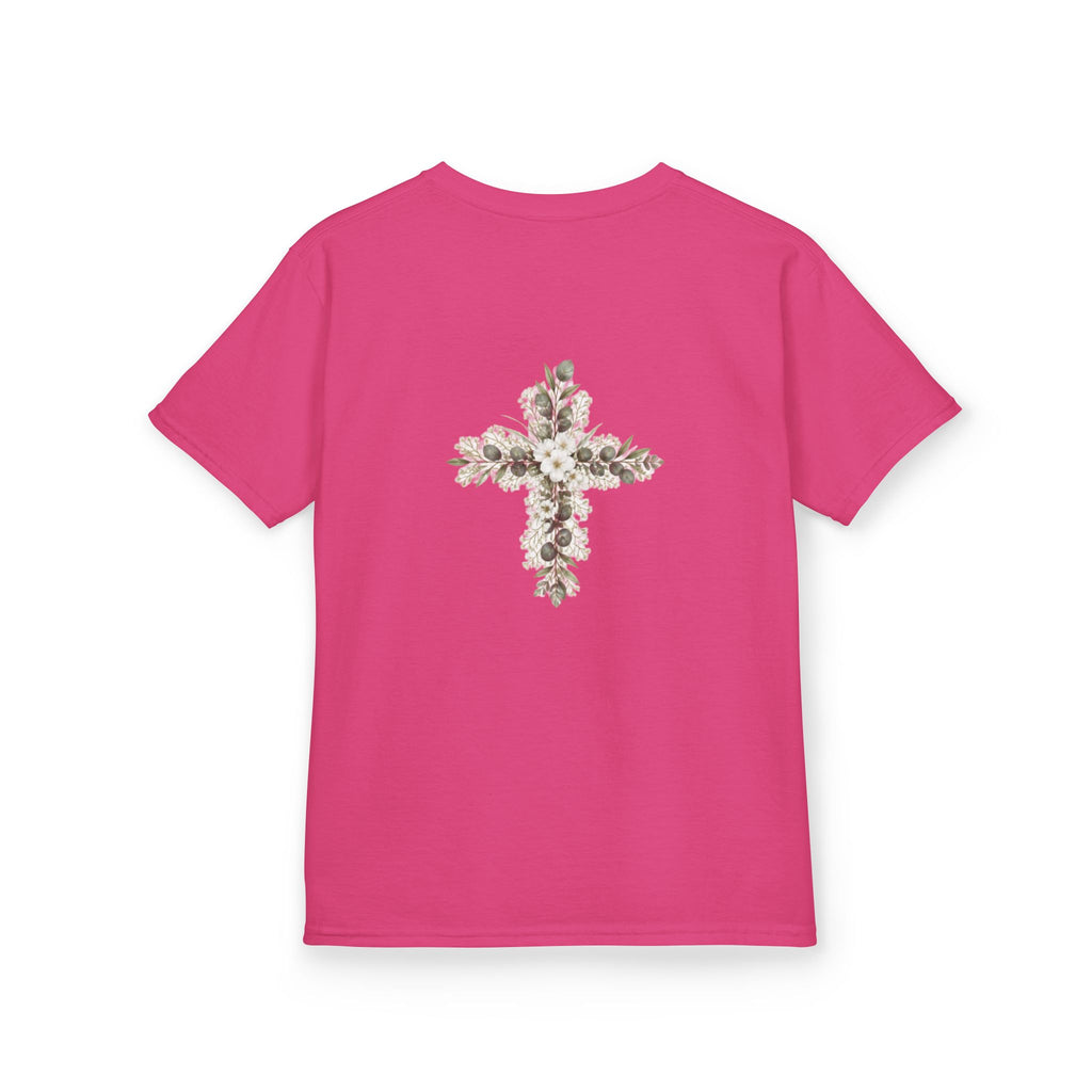 Kids Tee — Floral Cross “Faith” Christian Shirt for Children (Easter, Baptism, Church)