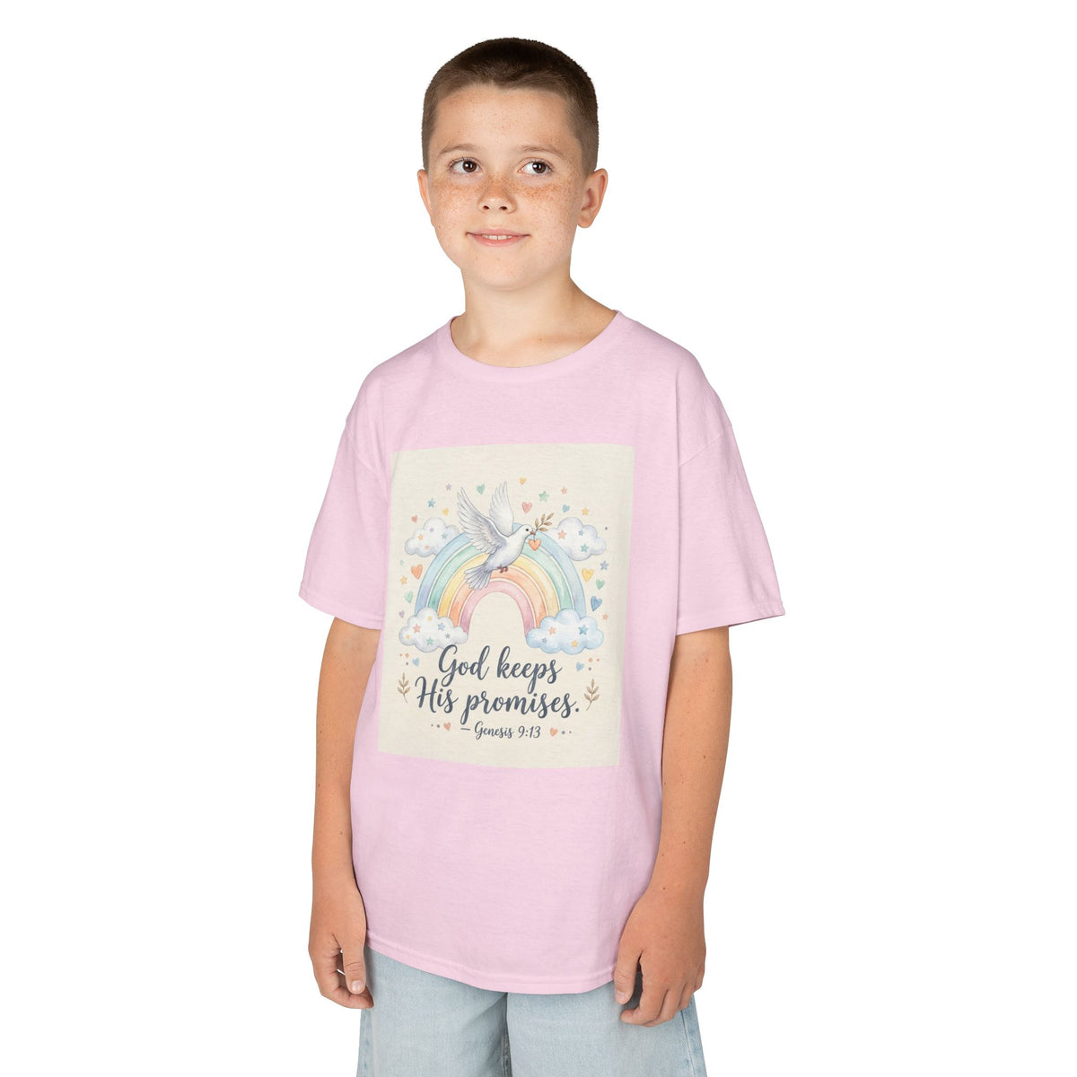Christian Kids T-Shirt — "God Keeps His Promises" Rainbow Dove Tee | Psalm 145:13