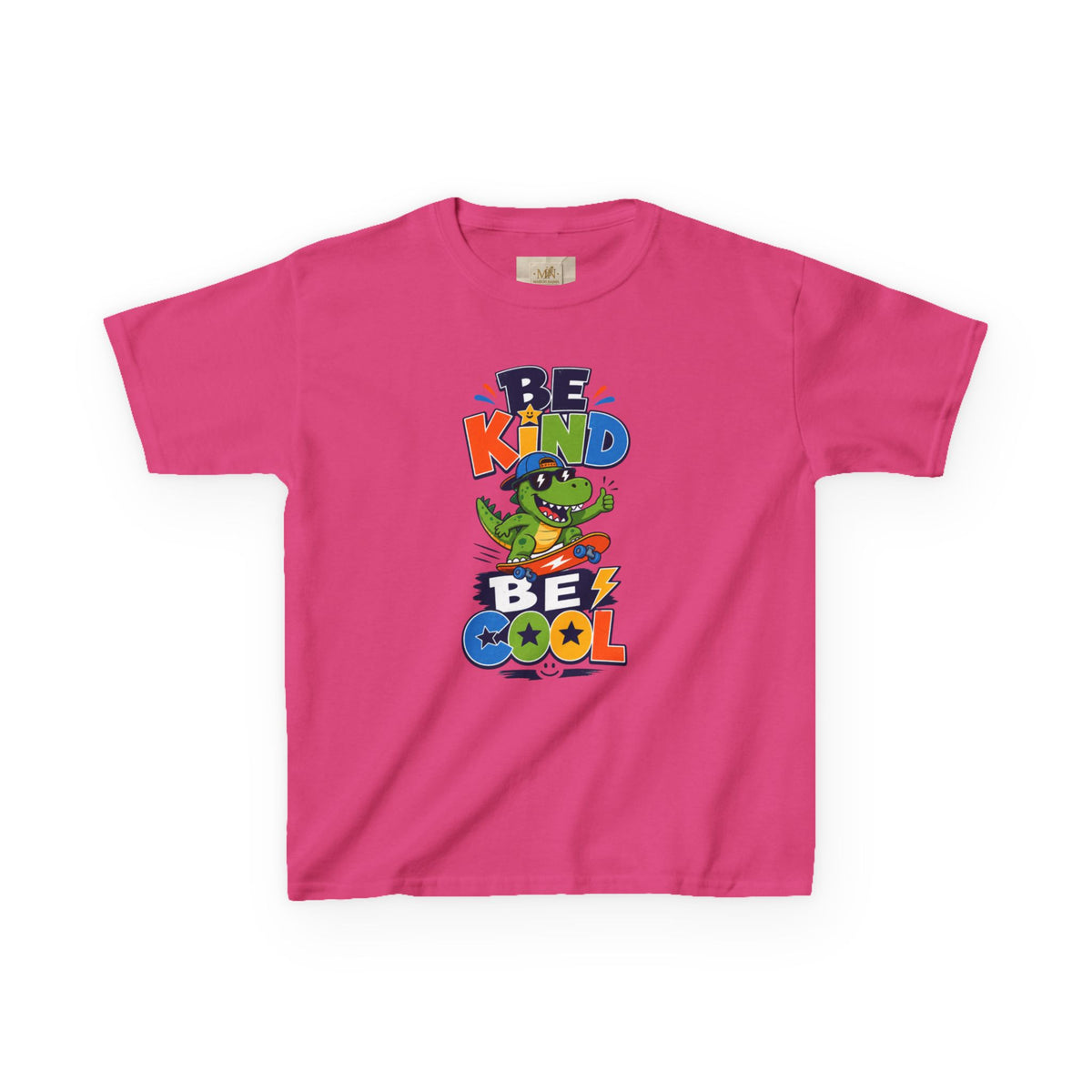 Kids Tee — "Be Kind, Be Cool" Dinosaur Graphic with "Shine Bright" Back