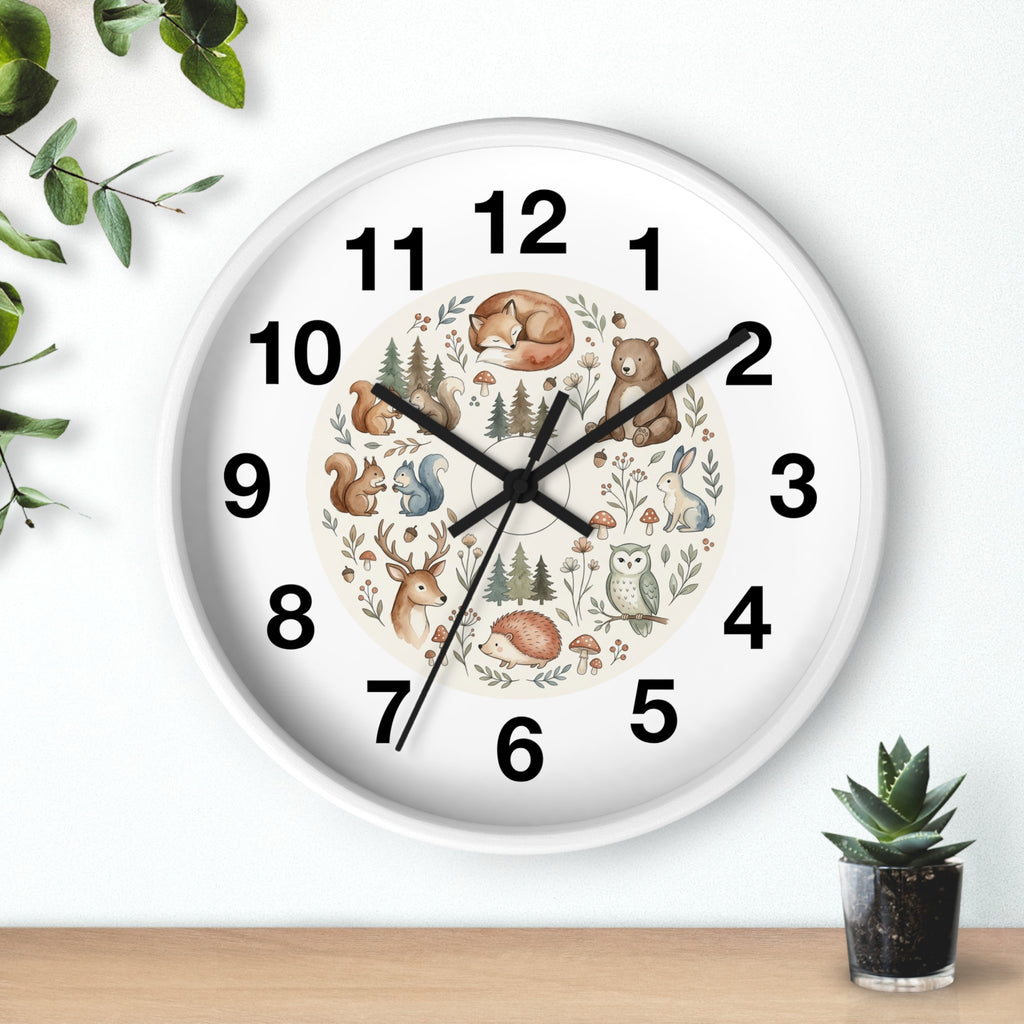 Woodland Animals Wall Clock — Cute Forest Nursery Clock with Fox, Deer, Owl & Squirrel