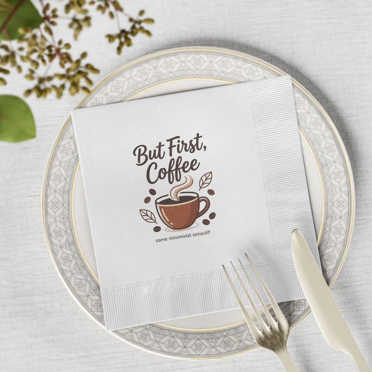 But First Coffee Napkins — Paper Cocktail Napkins with Coffee Cup Design