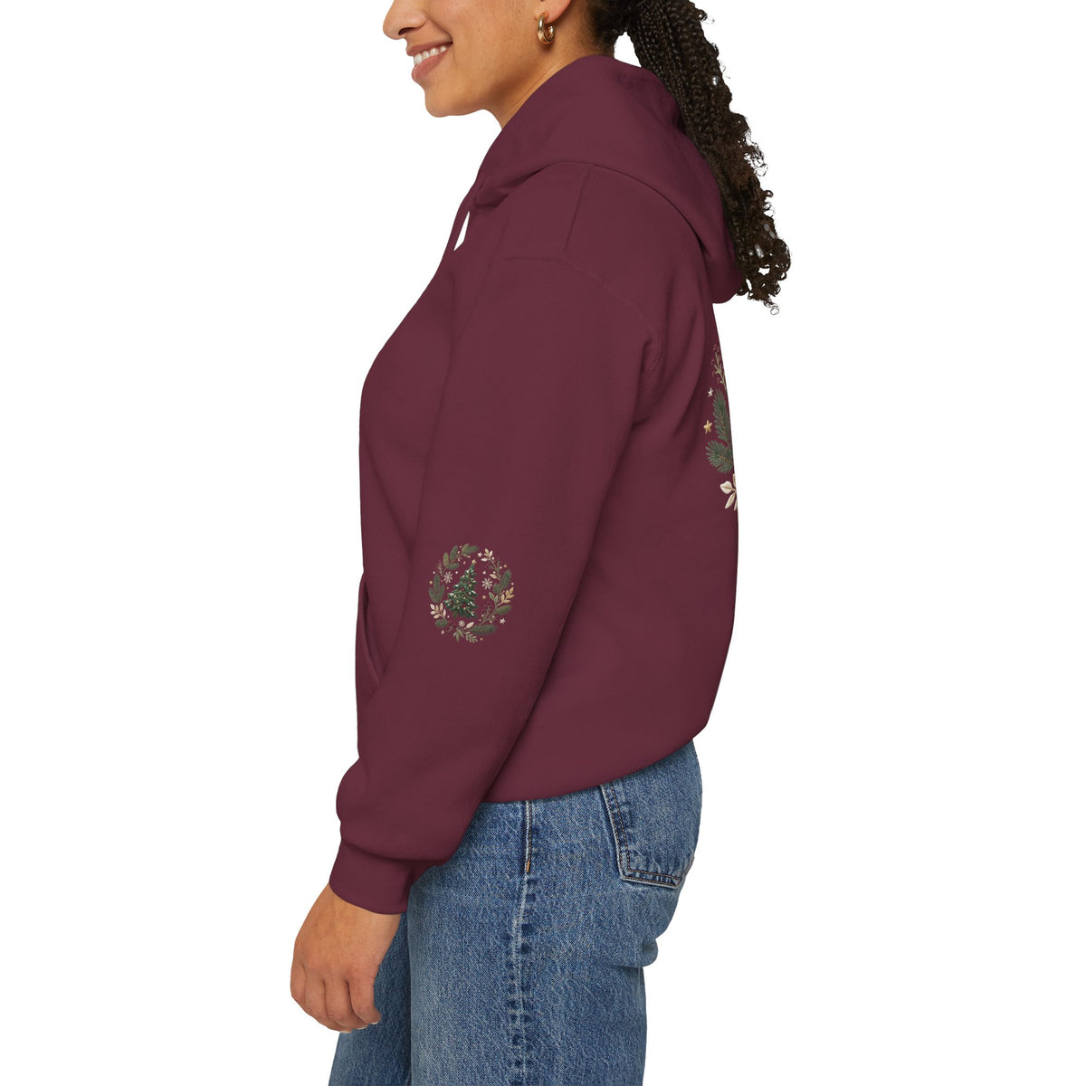 Christmas Tree Wreath Hoodie — Festive Botanical Sweatshirt, 50/50 Cotton-Poly, Unisex