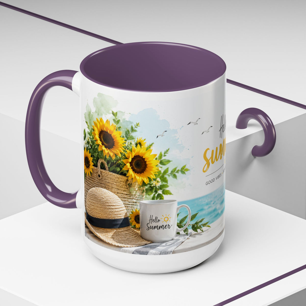 Hello Summer Accent Coffee Mug — Beach Vibes Lemon Palm Coastal Ceramic Mug (11/15oz)