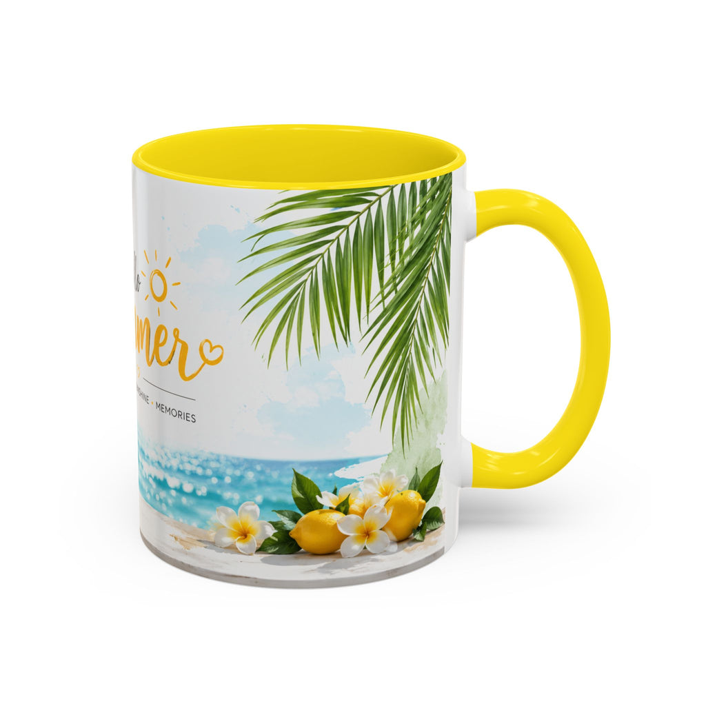 Hello Summer Accent Coffee Mug — Beach Vibes Lemon Palm Coastal Ceramic Mug (11/15oz)