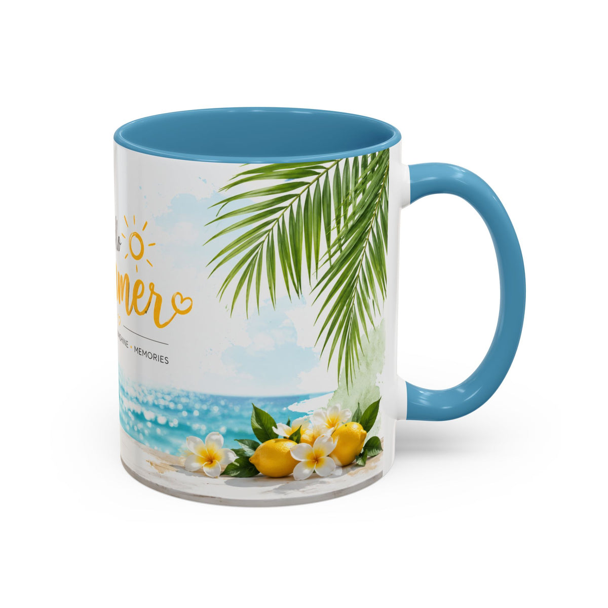 Hello Summer Accent Coffee Mug — Beach Vibes Lemon Palm Coastal Ceramic Mug (11/15oz)