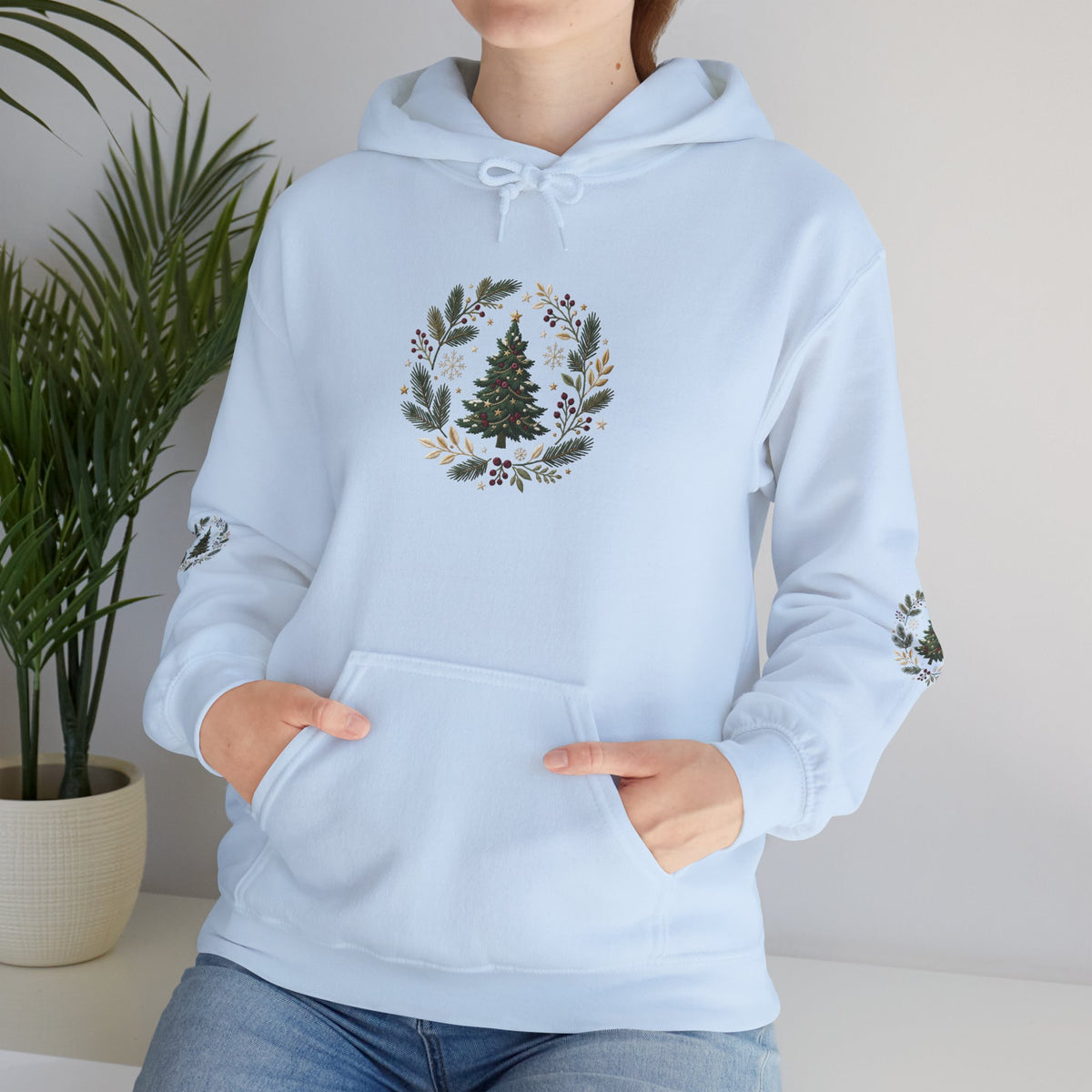 Christmas Tree Wreath Hoodie — Festive Botanical Sweatshirt, 50/50 Cotton-Poly, Unisex