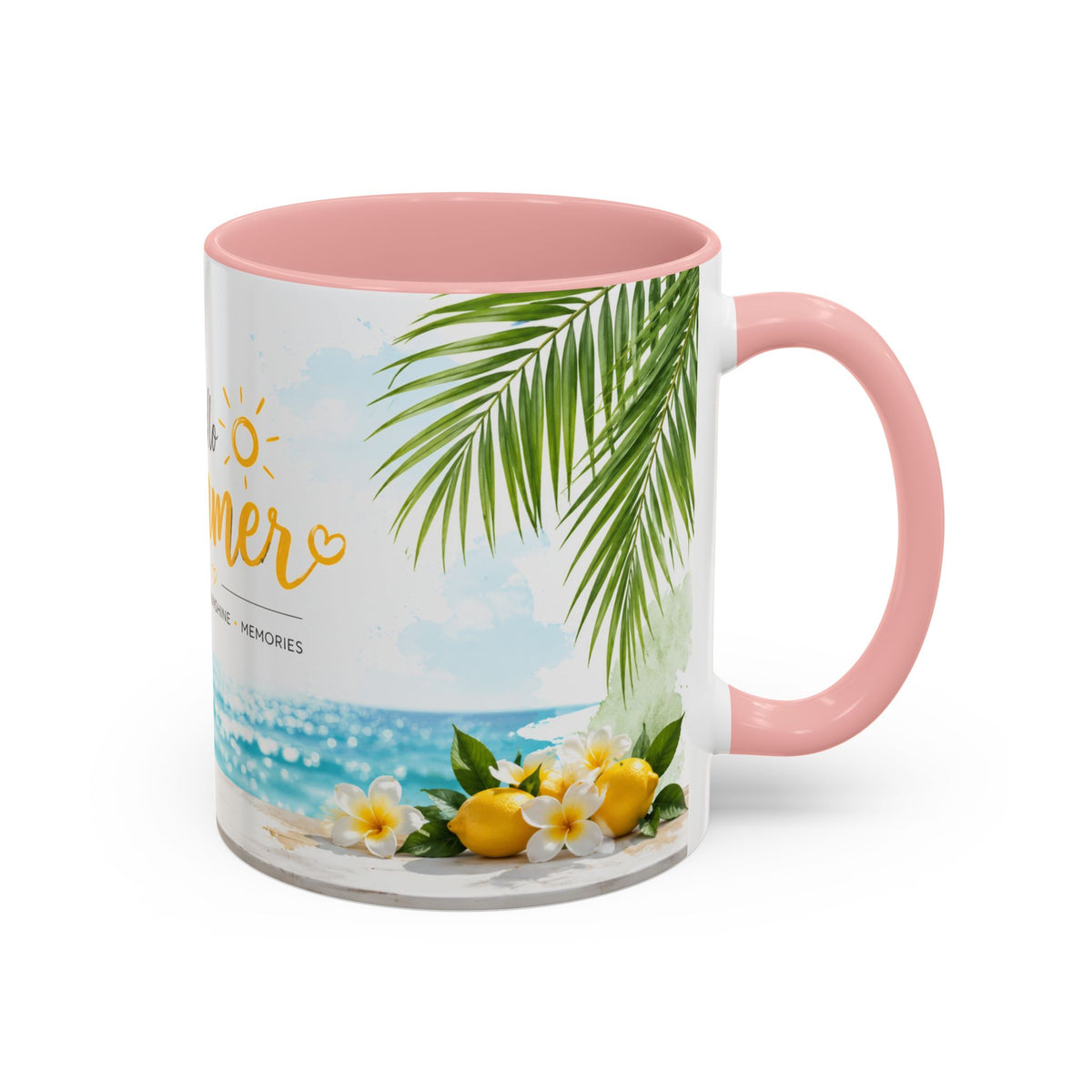 Hello Summer Accent Coffee Mug — Beach Vibes Lemon Palm Coastal Ceramic Mug (11/15oz)