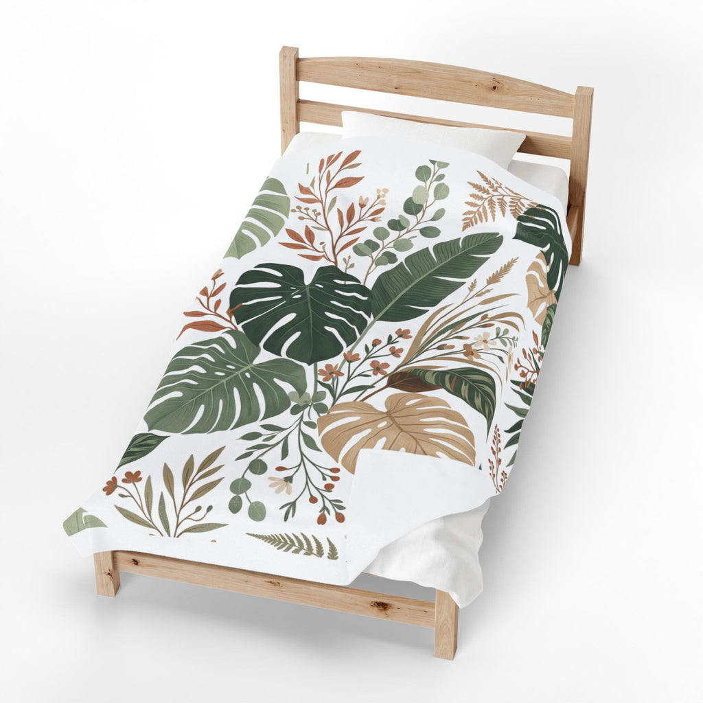 Botanical Monstera Velveteen Plush Blanket – Tropical Leaf Throw for Cozy Home Décor
