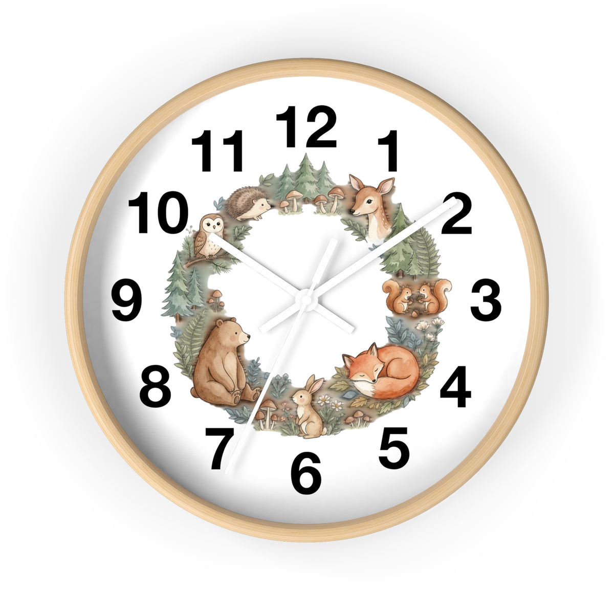 Woodland Animals Wreath Wall Clock — Cute Forest Nursery Clock