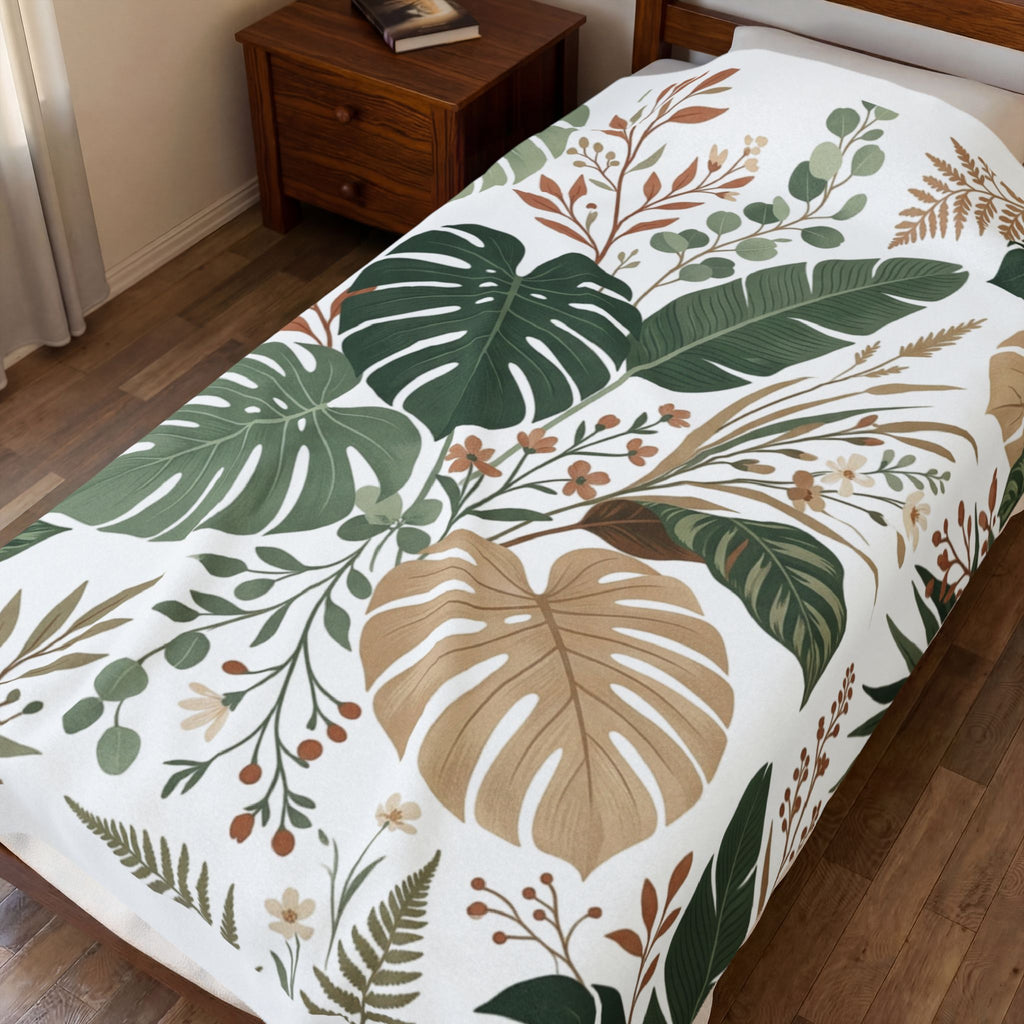 Botanical Monstera Velveteen Plush Blanket – Tropical Leaf Throw for Cozy Home Décor