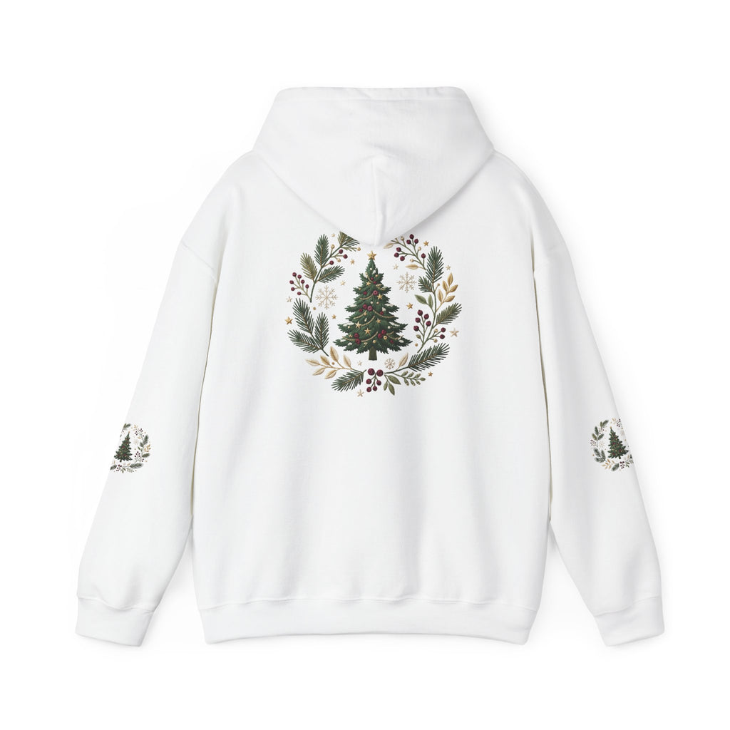 Christmas Tree Wreath Hoodie — Festive Botanical Sweatshirt, 50/50 Cotton-Poly, Unisex