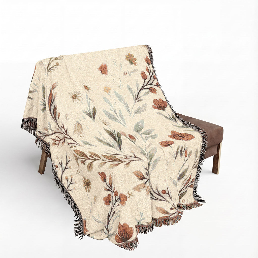 Floral Woven Blanket — Vintage Botanical Throw with Fringe