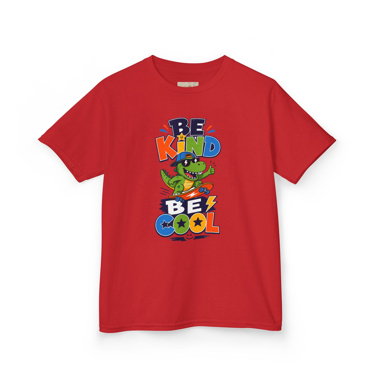 Kids Tee — "Be Kind, Be Cool" Dinosaur Graphic with "Shine Bright" Back