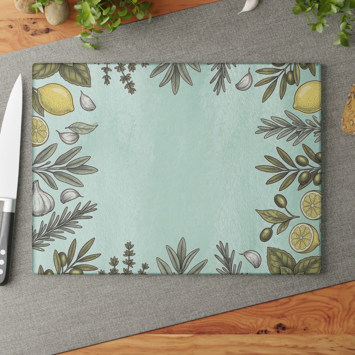 Herb & Lemon Glass Cutting Board — Decorative Kitchen Chopping Board