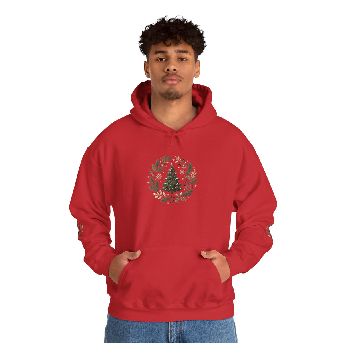 Christmas Tree Wreath Hoodie — Festive Botanical Sweatshirt, 50/50 Cotton-Poly, Unisex