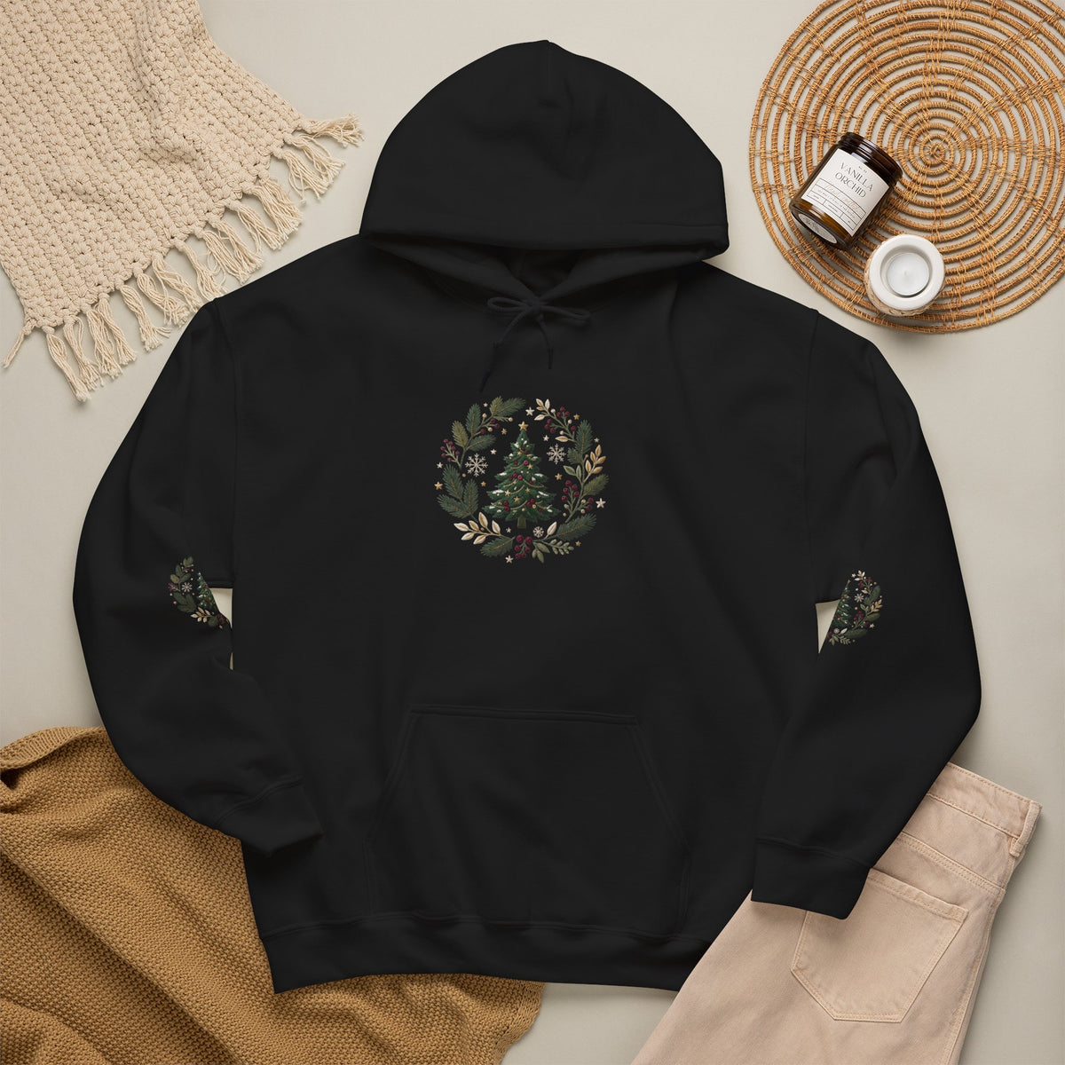 Christmas Tree Wreath Hoodie — Festive Botanical Sweatshirt, 50/50 Cotton-Poly, Unisex