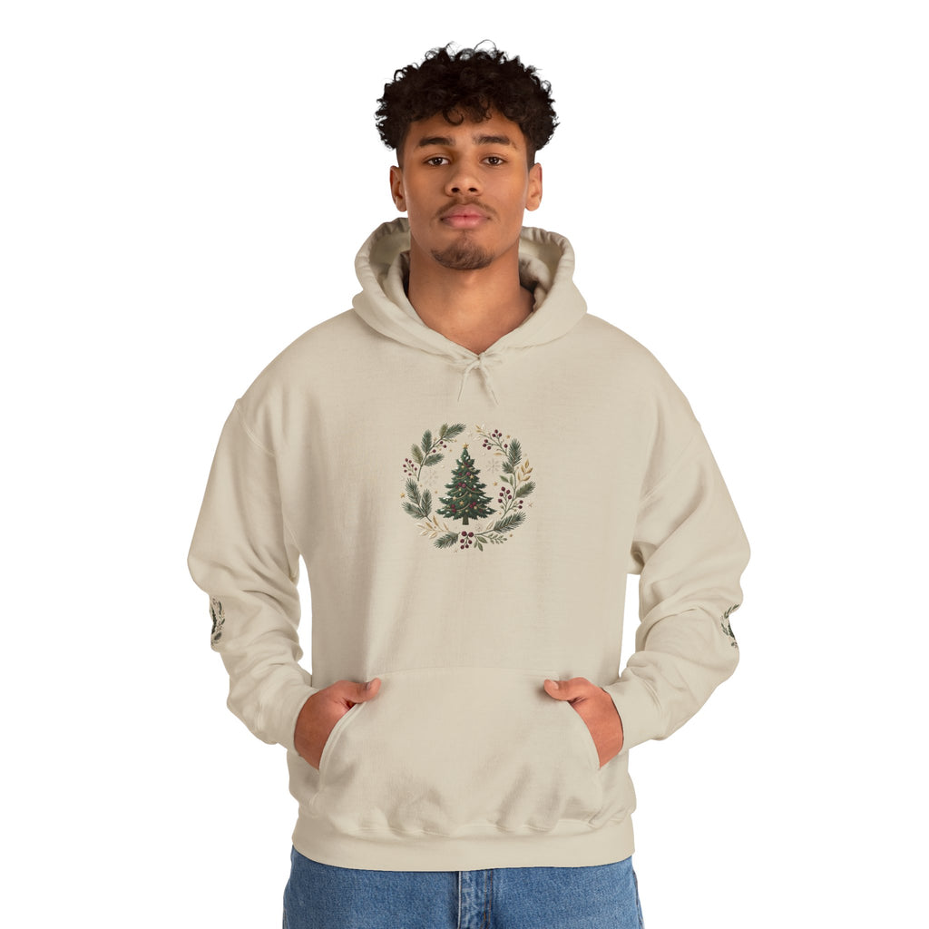 Christmas Tree Wreath Hoodie — Festive Botanical Sweatshirt, 50/50 Cotton-Poly, Unisex