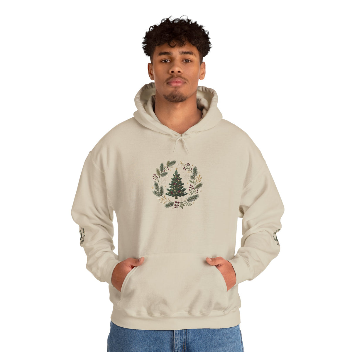 Christmas Tree Wreath Hoodie — Festive Botanical Sweatshirt, 50/50 Cotton-Poly, Unisex
