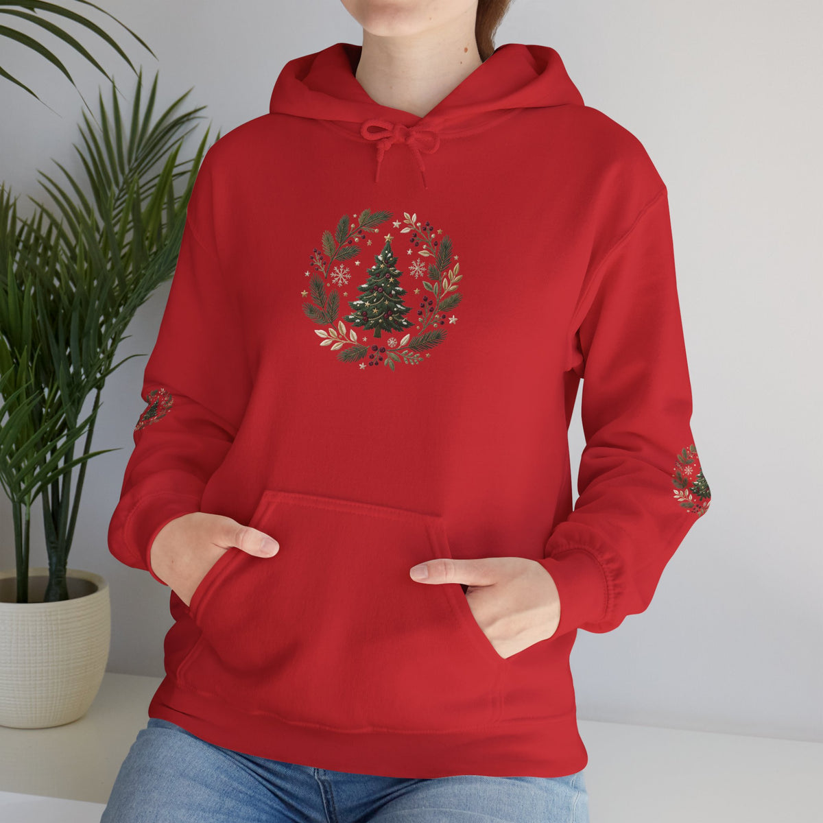 Christmas Tree Wreath Hoodie — Festive Botanical Sweatshirt, 50/50 Cotton-Poly, Unisex