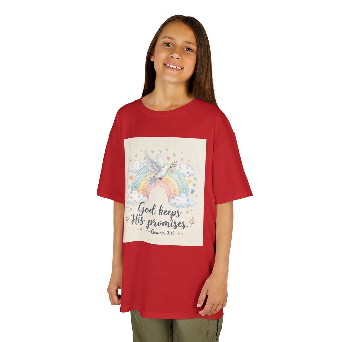 Christian Kids T-Shirt — "God Keeps His Promises" Rainbow Dove Tee | Psalm 145:13