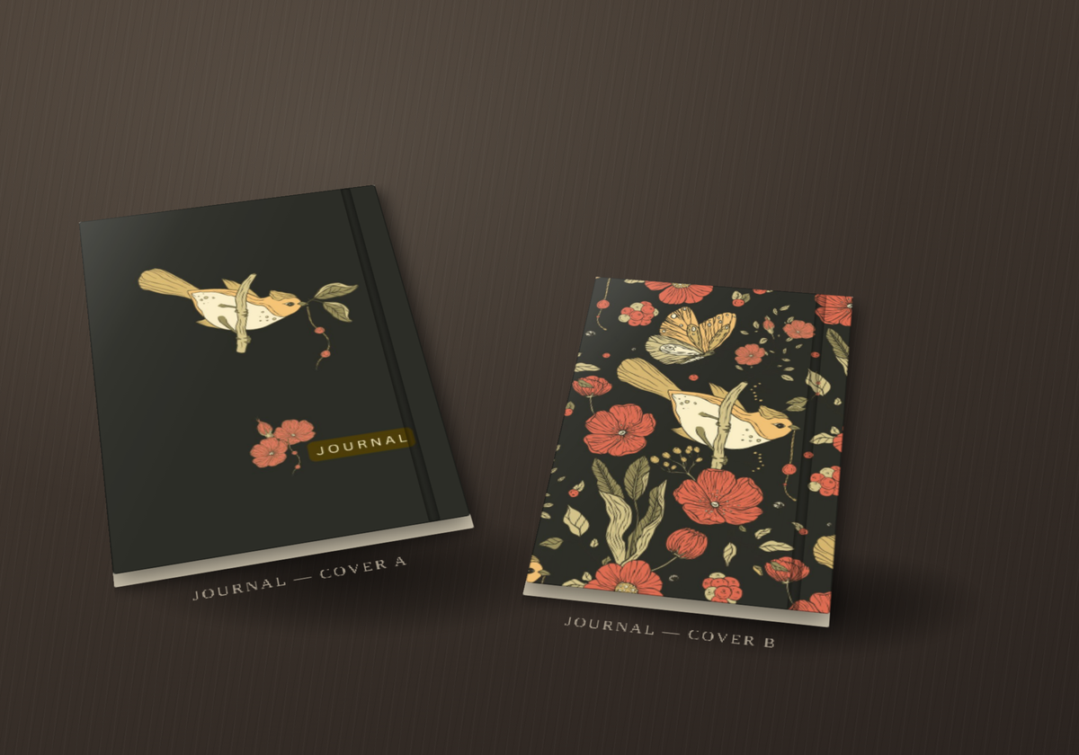 Floral Bird Spiral Notebook — Dotted Journal with Vintage Butterfly & Poppy Design