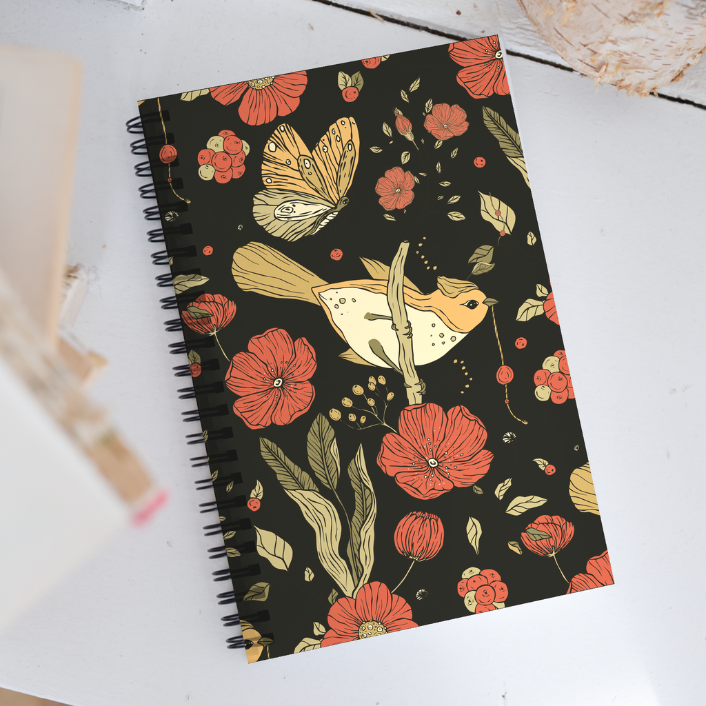 Floral Bird Spiral Notebook — Dotted Journal with Vintage Butterfly & Poppy Design