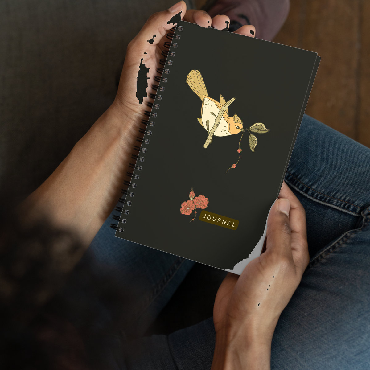 Floral Bird Spiral Notebook — Dotted Journal with Vintage Butterfly & Poppy Design