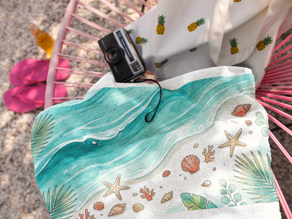 Coastal Shells Beach Towel — Aqua Wave Seashell Design