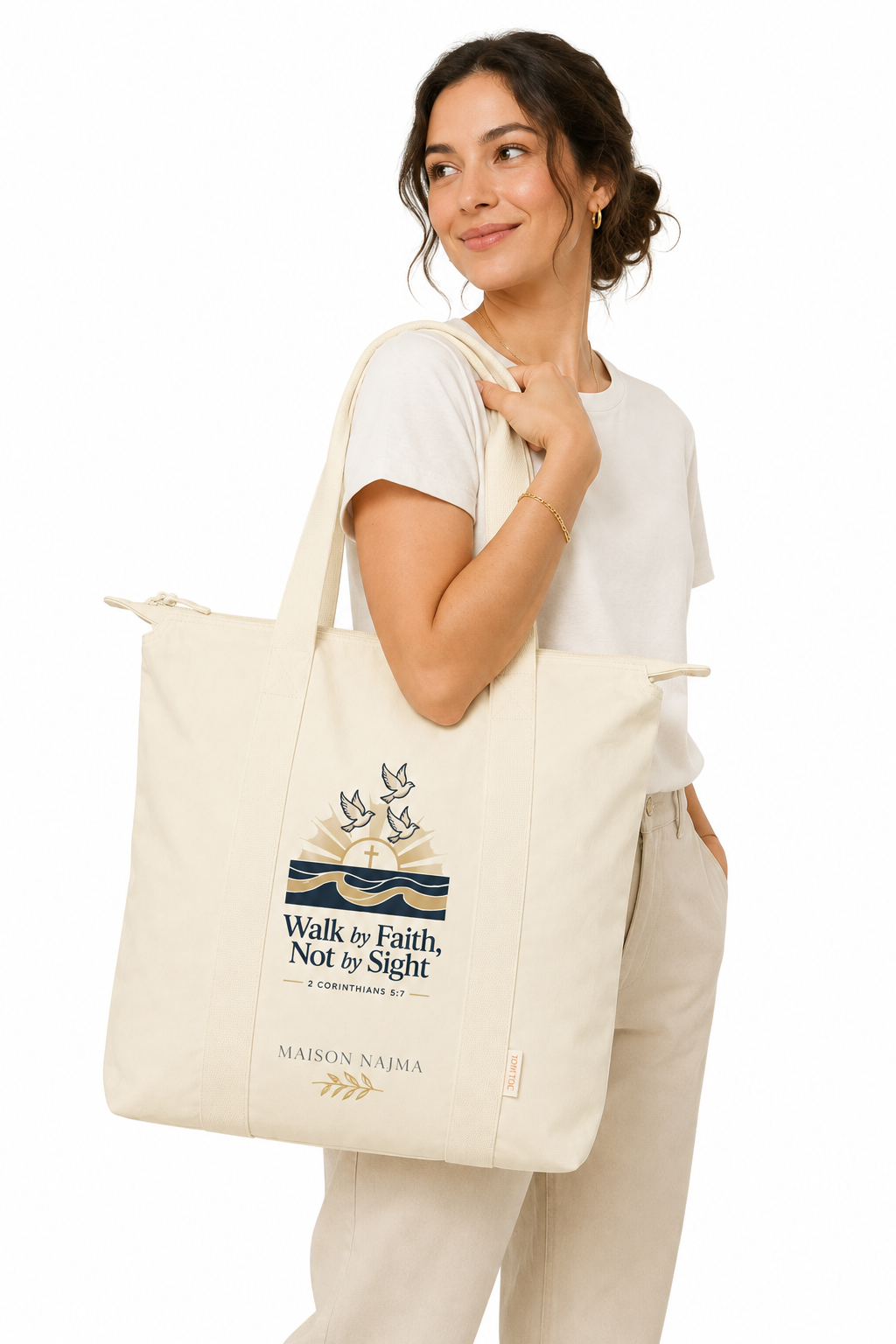 Everyday Nylon Tote Bag — Zippered Carry-All with Embroidered Detail