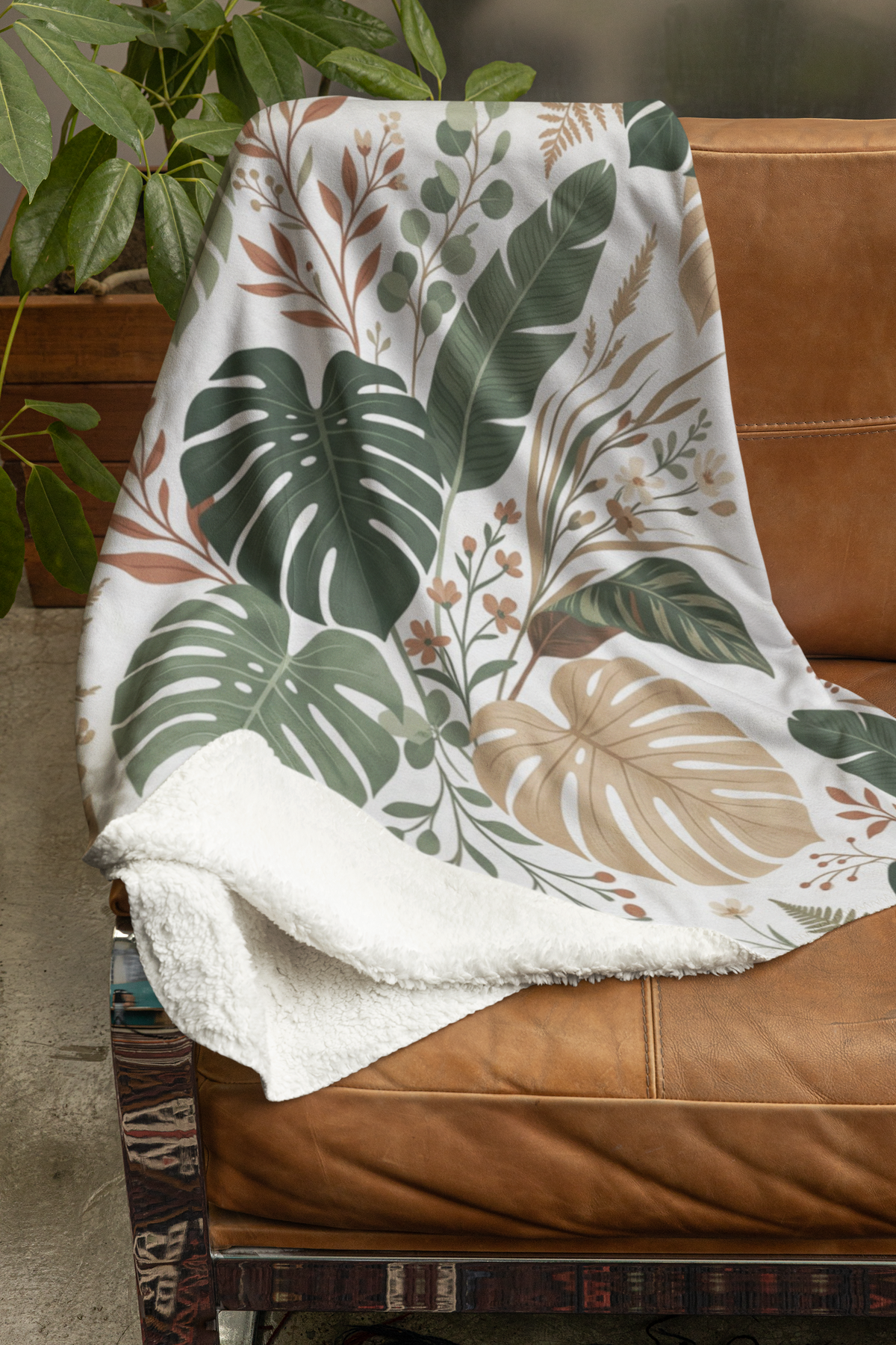 Botanical Monstera Velveteen Plush Blanket – Tropical Leaf Throw for Cozy Home Décor