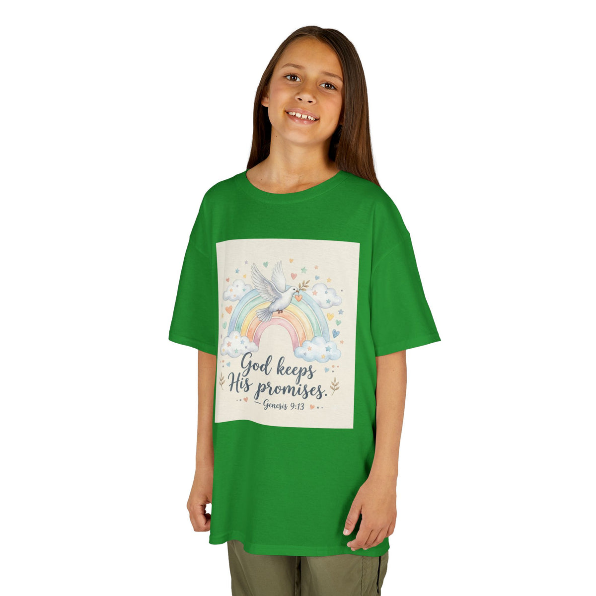 Christian Kids T-Shirt — "God Keeps His Promises" Rainbow Dove Tee | Psalm 145:13
