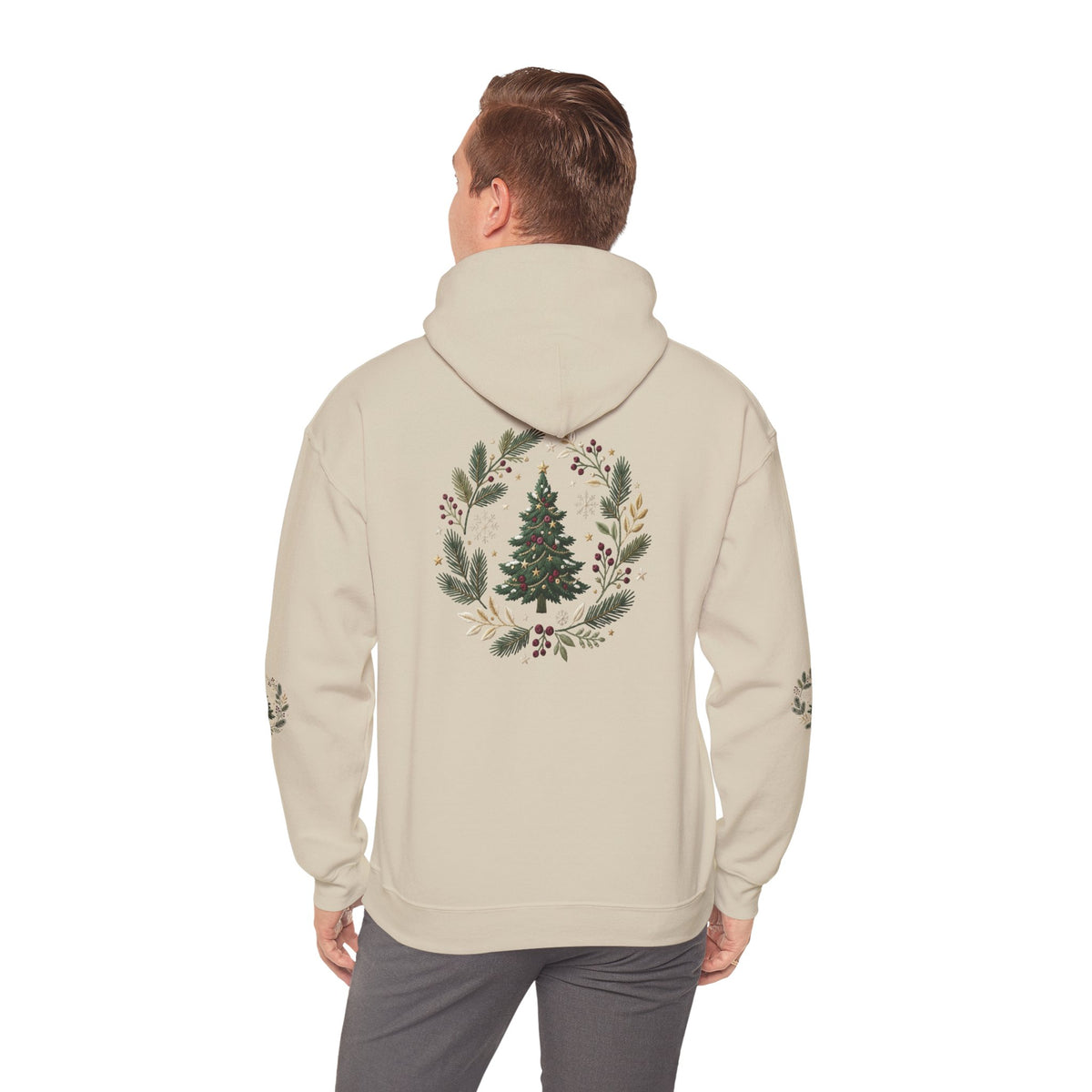 Christmas Tree Wreath Hoodie — Festive Botanical Sweatshirt, 50/50 Cotton-Poly, Unisex