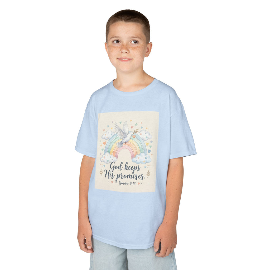 Christian Kids T-Shirt — "God Keeps His Promises" Rainbow Dove Tee | Psalm 145:13