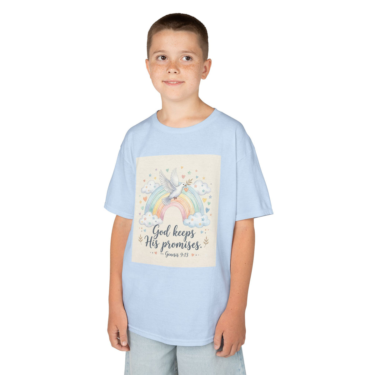 Christian Kids T-Shirt — "God Keeps His Promises" Rainbow Dove Tee | Psalm 145:13