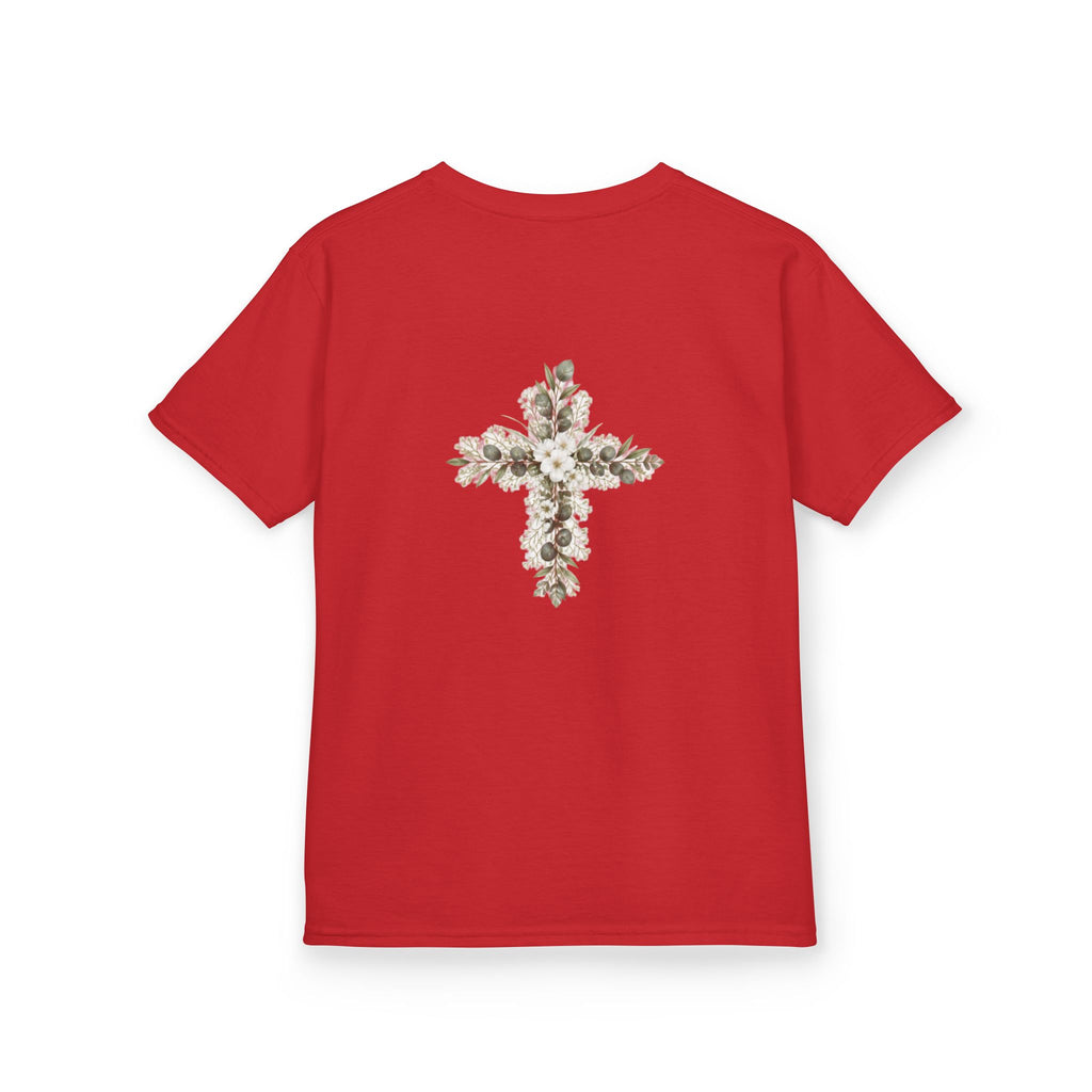 Kids Tee — Floral Cross “Faith” Christian Shirt for Children (Easter, Baptism, Church)