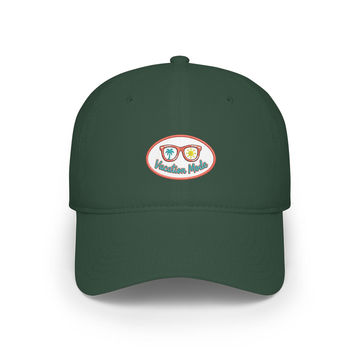 Red 'Vacation Mode' Low Profile Baseball Cap — Sunglasses Patch Dad Hat