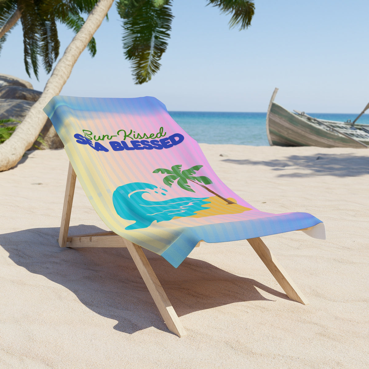 Beach Towel — "Sun-Kissed Sea Blessed" Tropical Palm & Wave Beach Towel