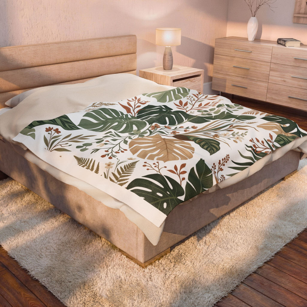 Botanical Monstera Velveteen Plush Blanket – Tropical Leaf Throw for Cozy Home Décor