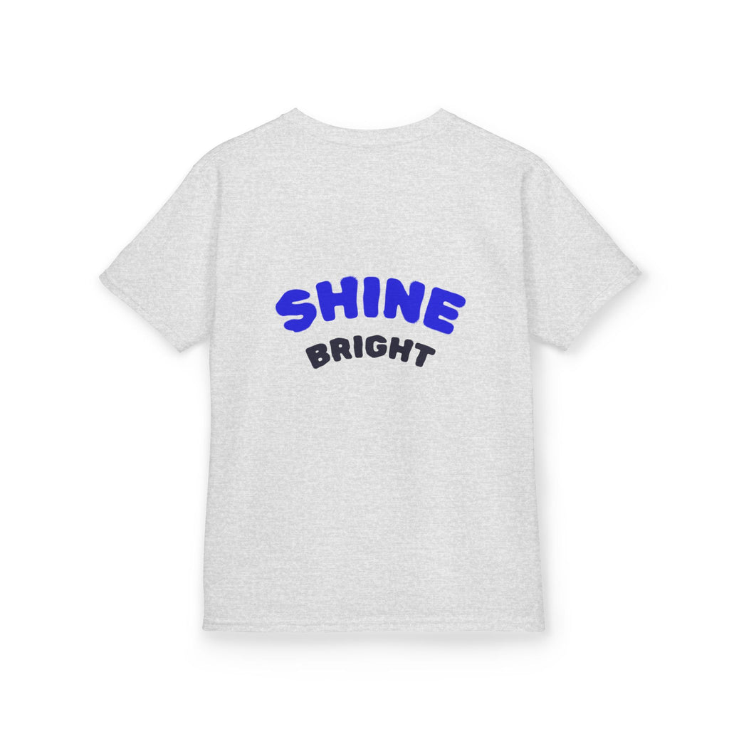 Kids Tee — "Be Kind, Be Cool" Dinosaur Graphic with "Shine Bright" Back