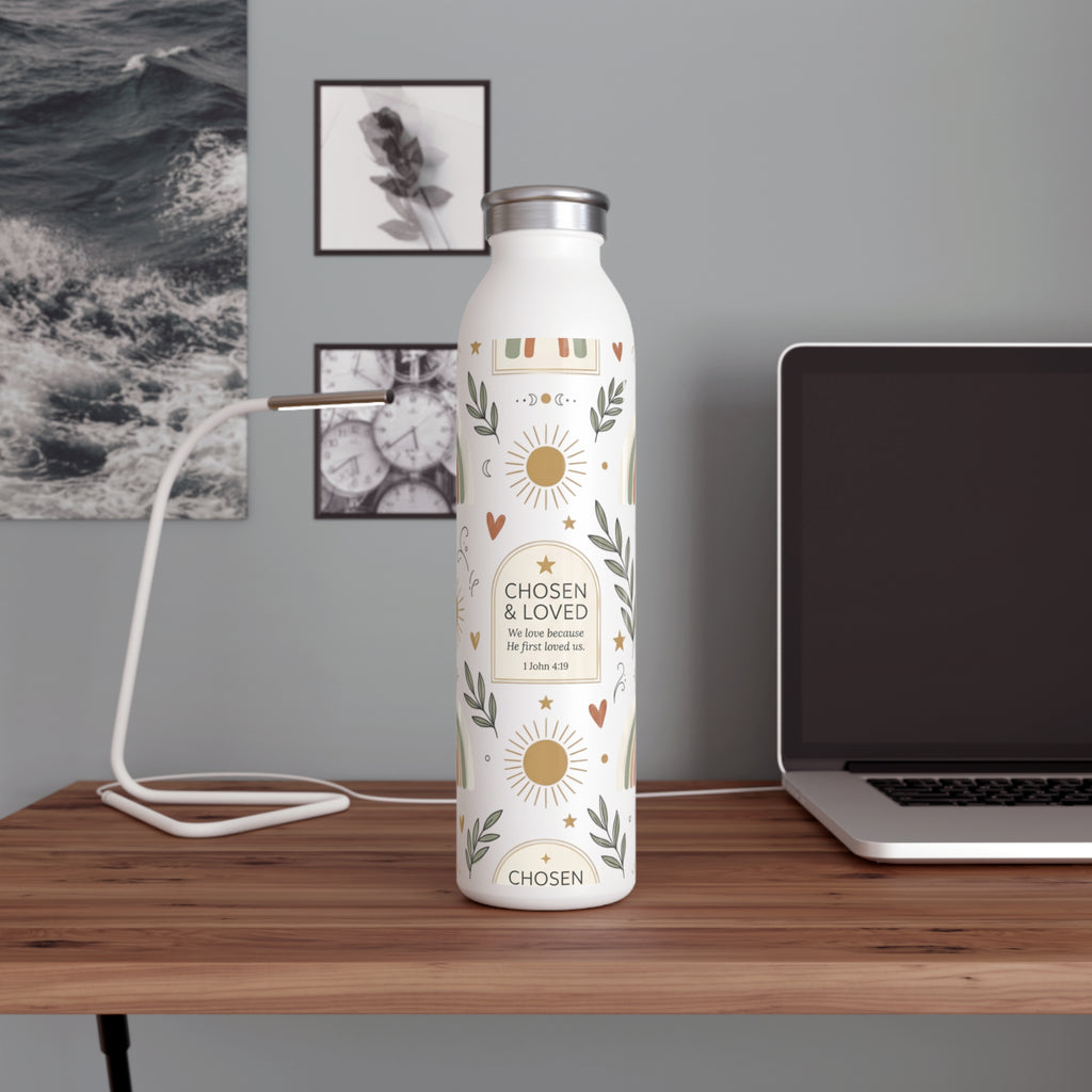 Slim Water Bottle — “Chosen & Loved” Inspirational Stainless Bottle with Rainbows & Sun Motif