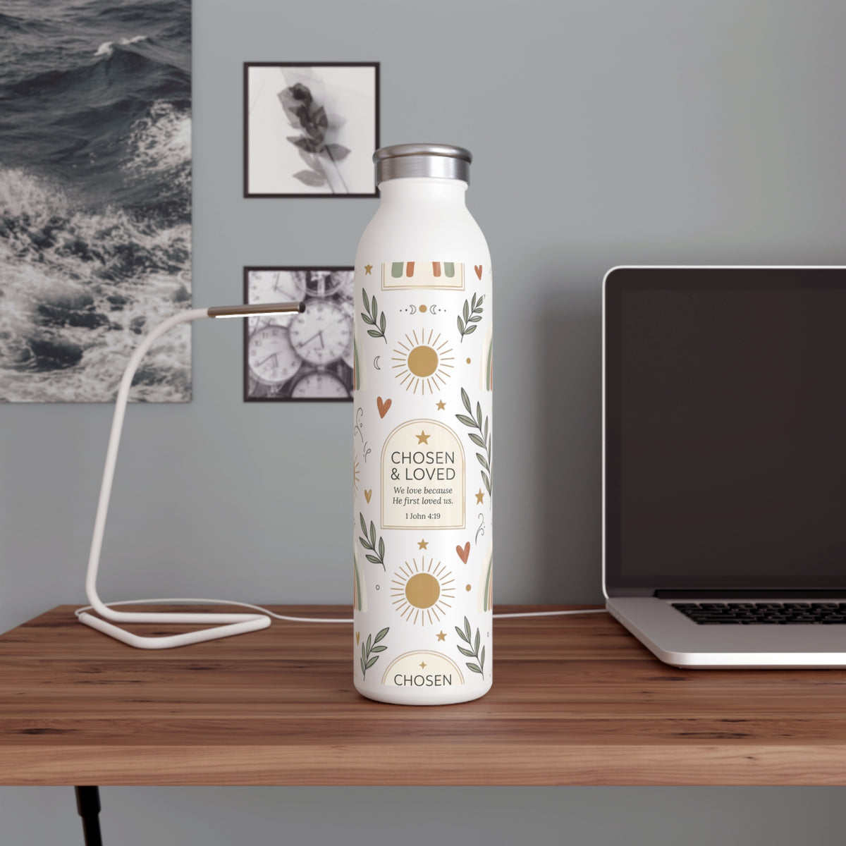 Slim Water Bottle — “Chosen & Loved” Inspirational Stainless Bottle with Rainbows & Sun Motif